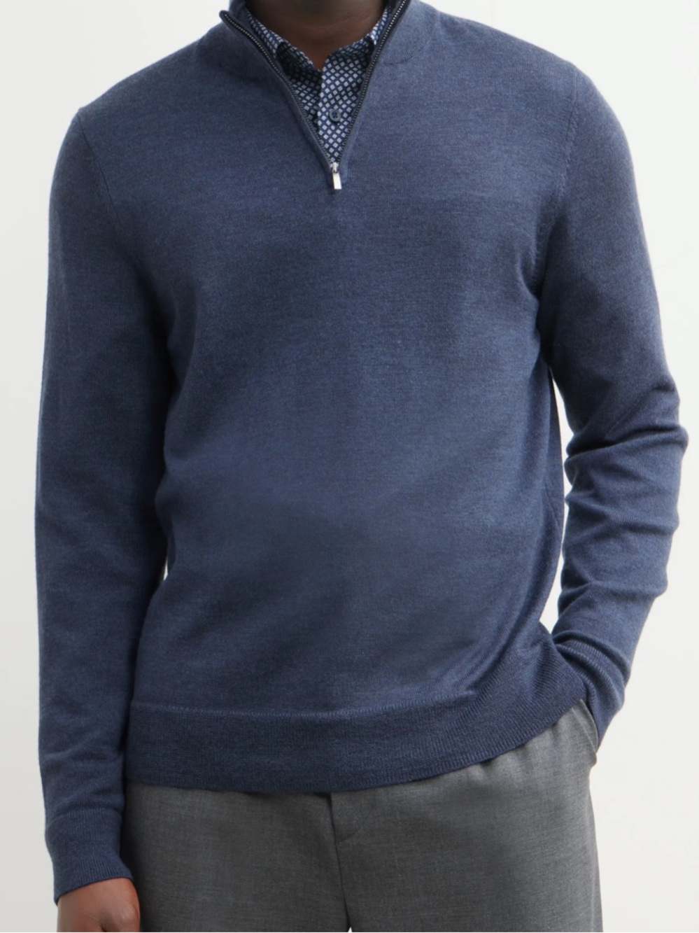 Nordstrom Sweater Mens Blue Washable Merino Wool Quarter Zip Mock Neck Size L